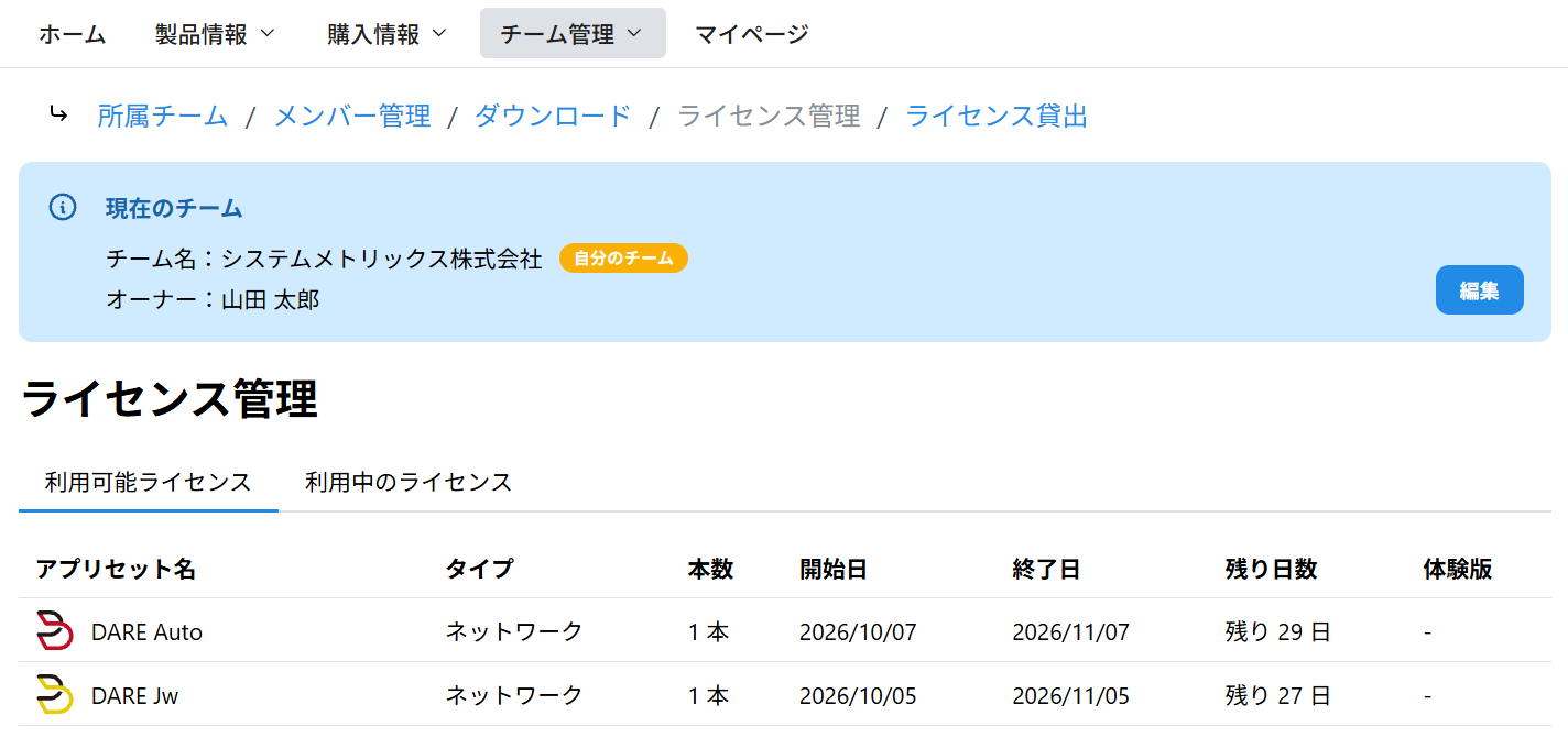 DARE Store の「チーム管理 > ライセンス管理」の利用可能ライセンス。アプリセット名・タイプ・本数・開始日・終了日・残り日数の一覧
